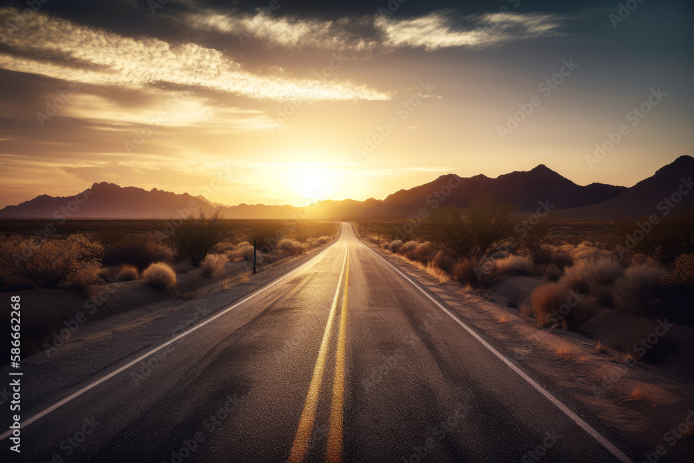 American road at sunset, USA route at evening, moody interstate sky concept art