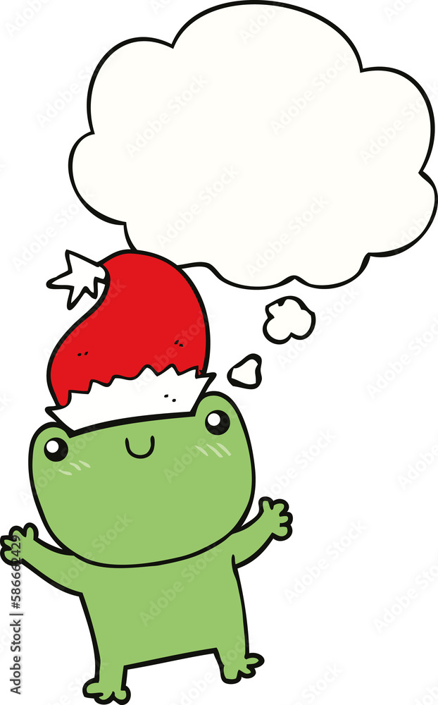 Fototapeta premium cute cartoon frog wearing christmas hat and thought bubble