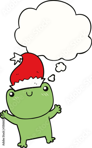 cute cartoon frog wearing christmas hat and thought bubble