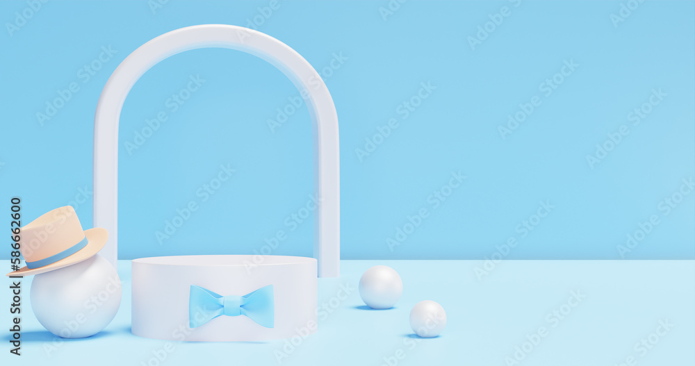 Fototapeta premium Father's day product advertisement. Podium showcase with a bow tie. Decor balloons spheres. 3D rendering
