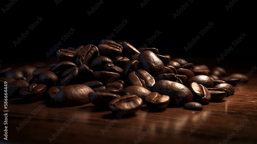 Freshly roasted coffee beans spread on wooden table in cozy coffee shop, print as poster approx. 49w x 26h cm, 300dpi, 3d render, AI Generative