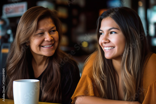 Mother and daughter catching up over a coffee in a cafe. Generative AI.
