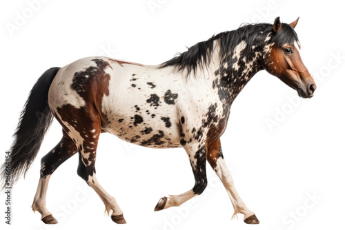 an equestrian-themed photographic illustration of a painted pinto horse mustang stallion rearing  jumping  and running on a transparent background in PNG. T-shirt design. Generative AI