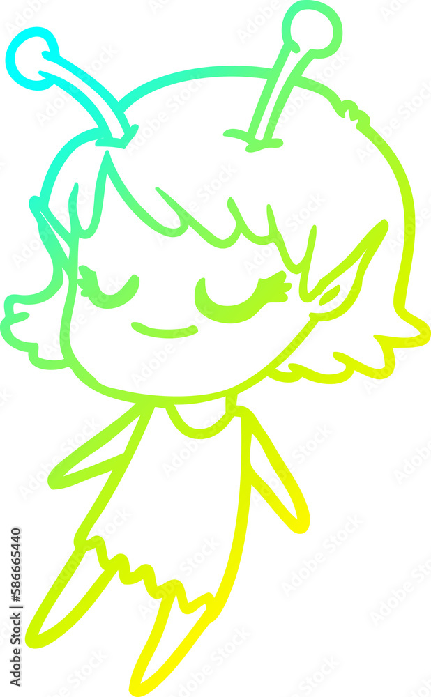 Fototapeta premium cold gradient line drawing smiling alien girl cartoon floating