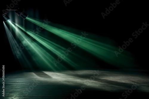 Green spotlights shine on stage floor in dark room idea. Generative AI