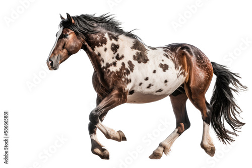an equestrian-themed photographic illustration of a painted pinto horse mustang stallion rearing, jumping, and running on a transparent background in PNG. T-shirt design. Generative AI © Purple Penguin GFX
