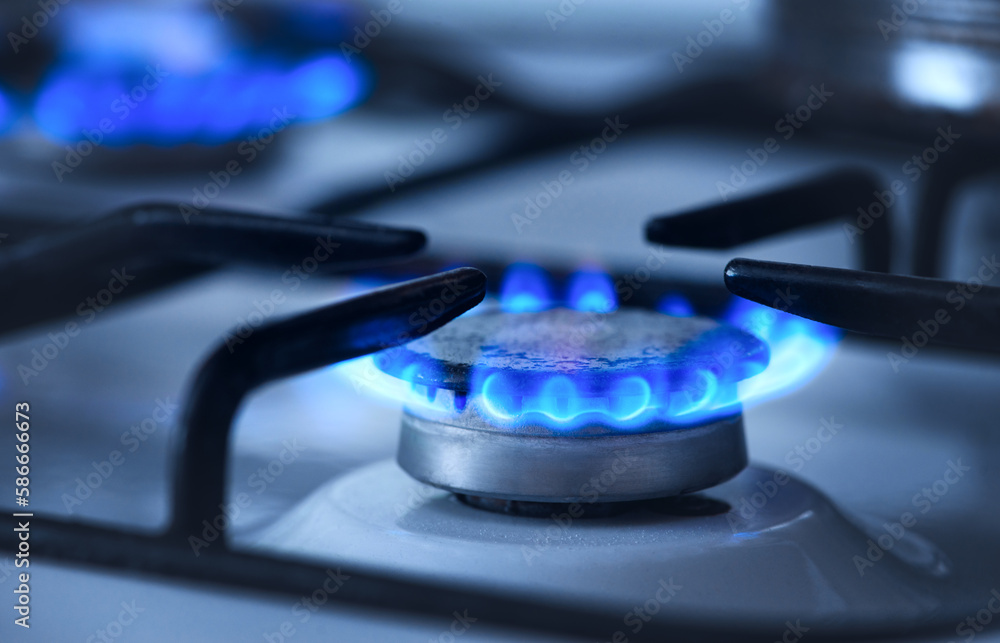 Gas stove flame. Blue flame from a gas stove burner. Close-up shot of a blue