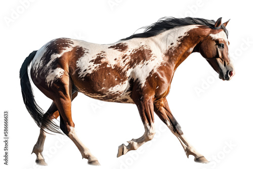 an equestrian-themed photographic illustration of a painted pinto horse mustang stallion rearing  jumping  and running on a transparent background in PNG. T-shirt design. Generative AI