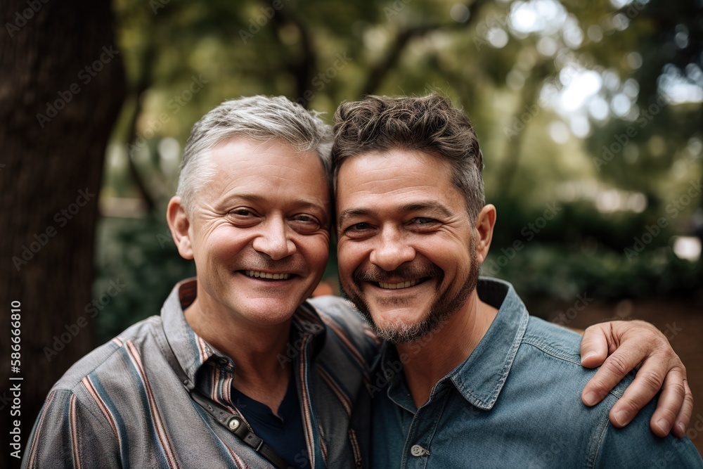 Gay mature male couple looking at camera with natural environment as background. Generative AI Gay mature male couple looking at camera with natural environment as background. Generative AI