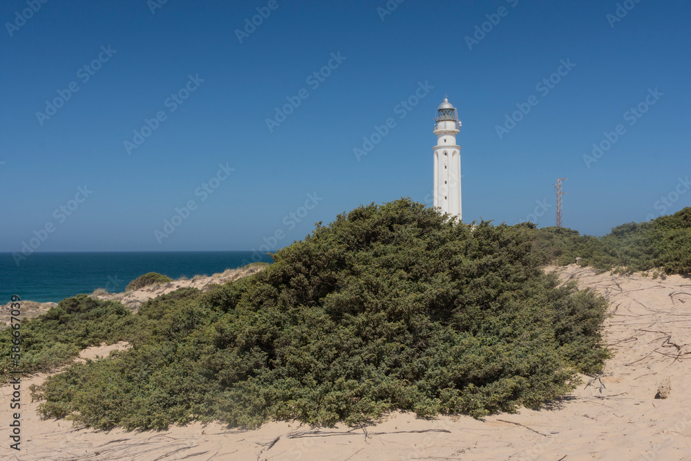 View of lighthouse of Trafalgar and dunes in Cadiz, Andalusia, summer, tourism, travel, beach, blue, sand, beautiful,  landscape 