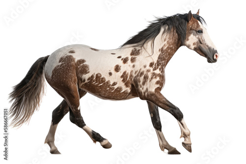 an equestrian-themed photographic illustration of a painted pinto horse mustang stallion rearing, jumping, and running on a transparent background in PNG. T-shirt design. Generative AI