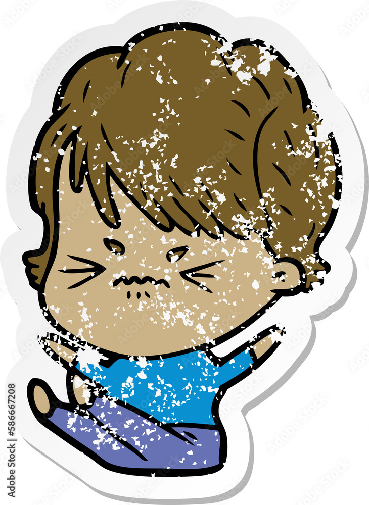 distressed sticker of a cartoon frustrated woman