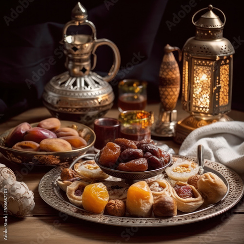 Une table pour le ramadan, avec des gateaux dans des assiettes. Il y a aussi une lanterne et d'autres ustensiles orientaux  photo