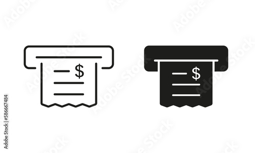 Purchase Receipt, Financial Paper Line and Silhouette Icon Set. Payment Total Price Pictogram. Tax Bill Symbol Collection on White Background. Invoice with Dollar Sign. Isolated Vector Illustration