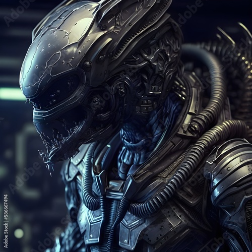 Alien in armor inside a spaceship. Generative Ai illustration 