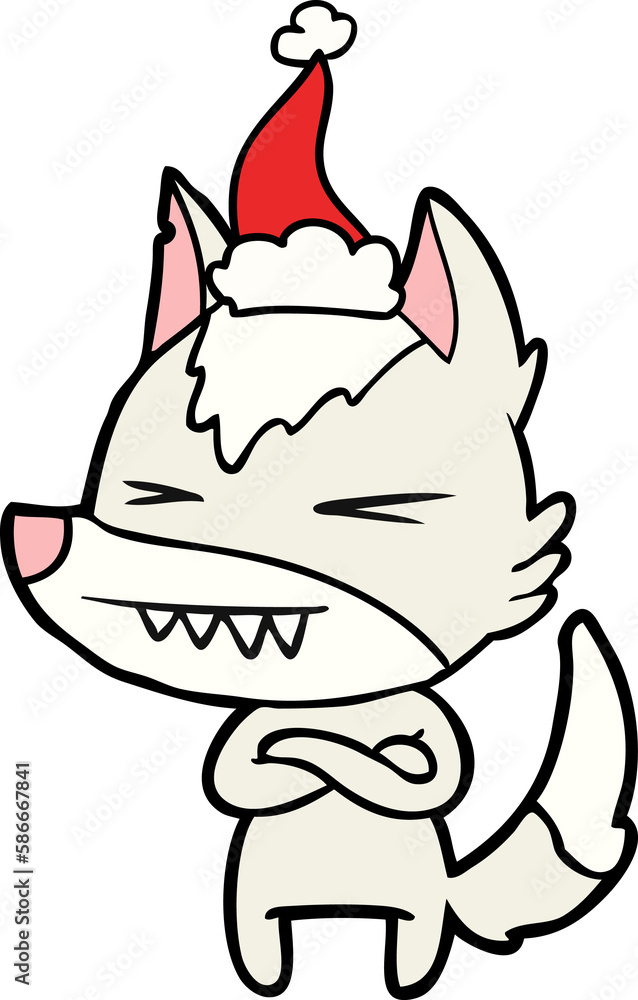 angry wolf line drawing of a wearing santa hat angry wolf line drawing of a wearing santa hat