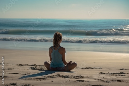 Meditation on Beach at Morning Light Facing Ocean.