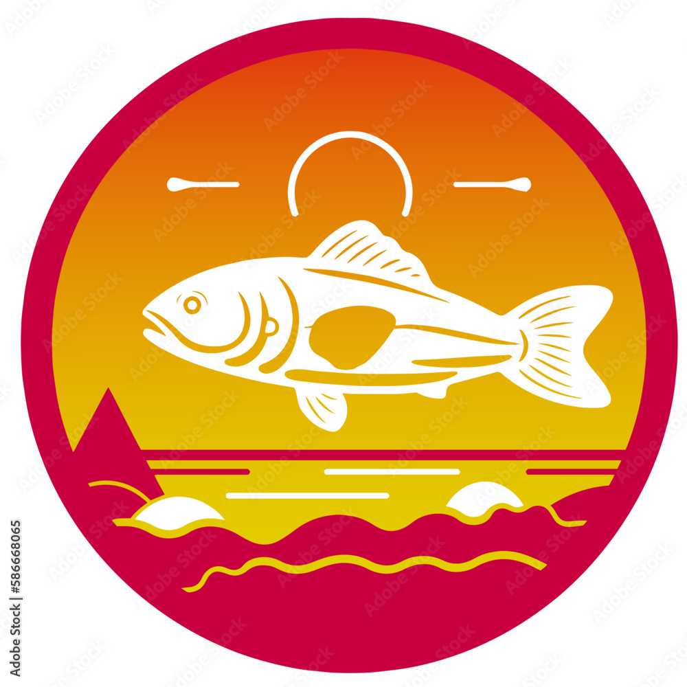 Fototapeta premium Colorful fishing vector logo. Fish on the orange and pink emblem.