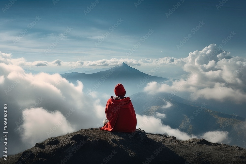 Meditation on Mountain Peak Above the Clouds, Generative AI