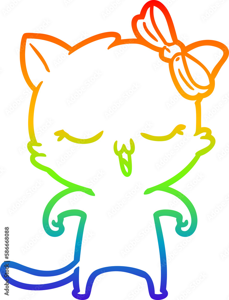 rainbow gradient line drawing cartoon cat with bow on head rainbow gradient line drawing cartoon cat with bow on head