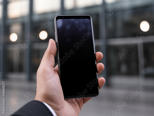 Business smartphone in hand, on the real background.