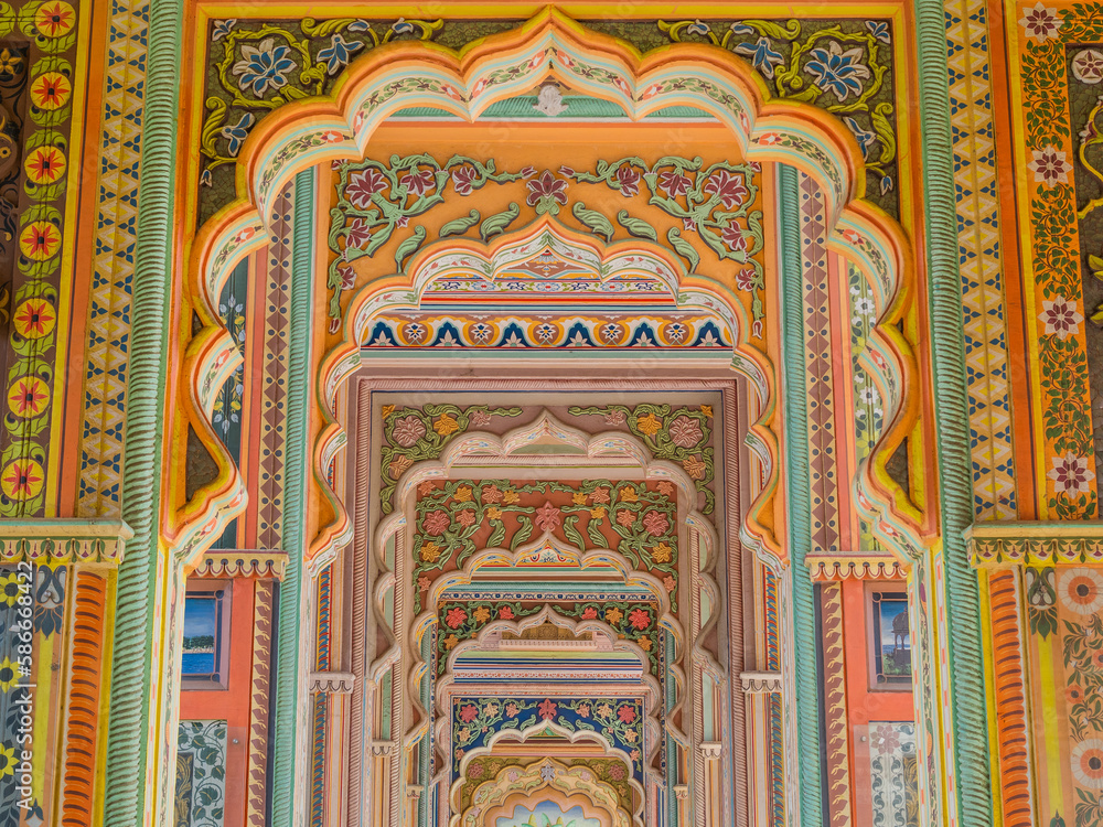 Architectural landmark Patrika Gate at Jawahar Circle in Jaipur, Rajasthan, India.