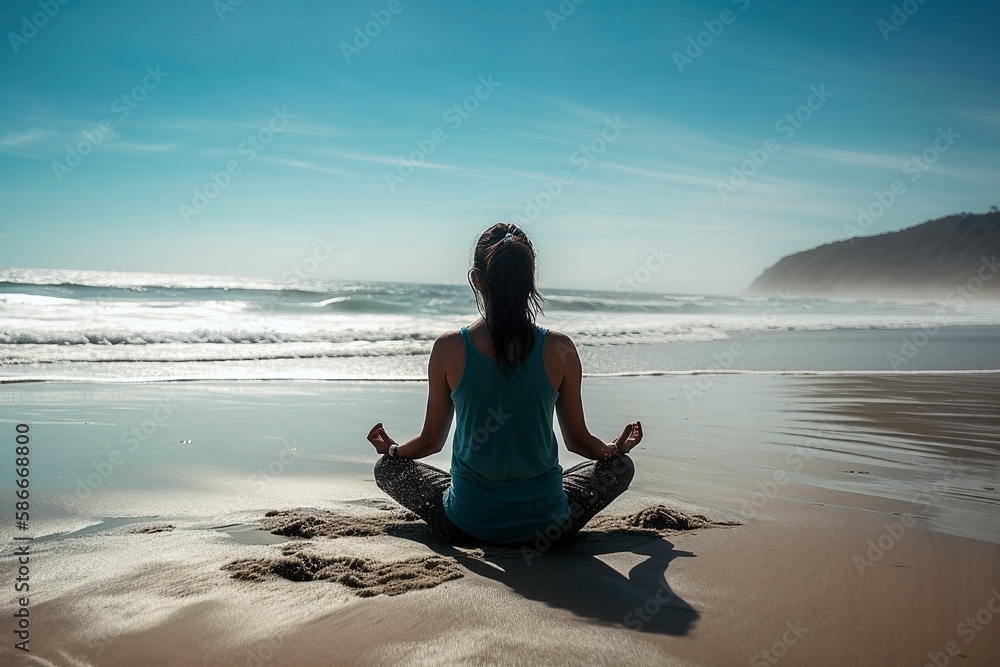 Meditation on Beach at Morning Light Facing Ocean, Generative AI