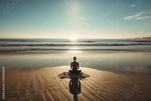 Meditation on Beach at Morning Light Facing Ocean, Generative AI © Digital Dreamscape