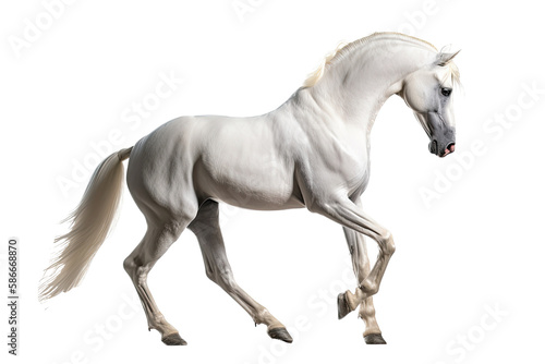 an equestrian-themed photographic illustration of a white stallion horse colt rearing, jumping, and running on a transparent background in PNG. T-shirt design. Generative AI