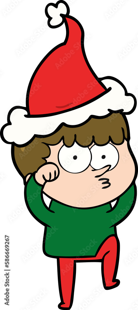 line drawing of a curious boy rubbing eyes in disbelief wearing santa hat line drawing of a curious boy rubbing eyes in disbelief wearing santa hat