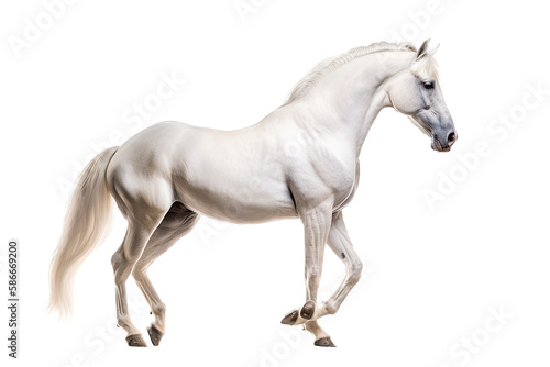 an equestrian-themed photographic illustration of a white stallion horse colt rearing, jumping, and running on a transparent background in PNG. T-shirt design. Generative AI © Purple Penguin GFX