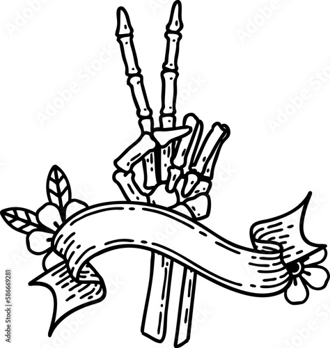 black linework tattoo with banner of a skeleton hand giving a peace sign