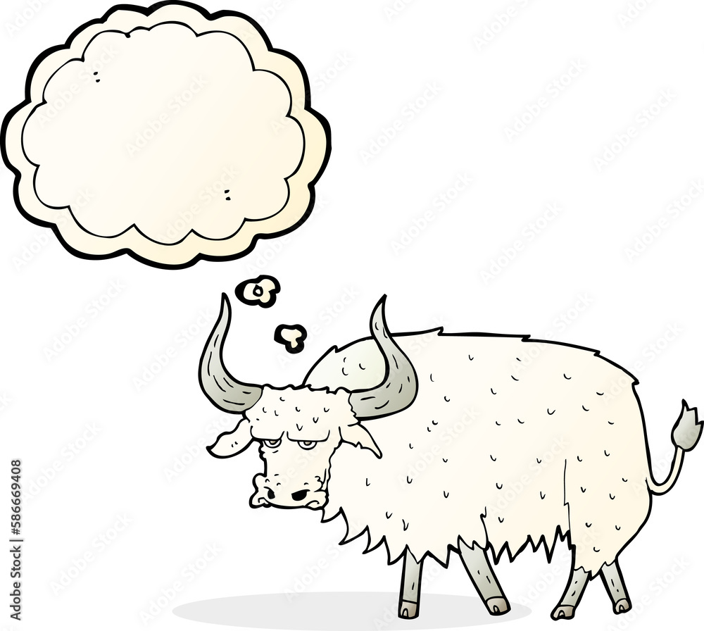 Obraz premium cartoon annoyed hairy ox with thought bubble
