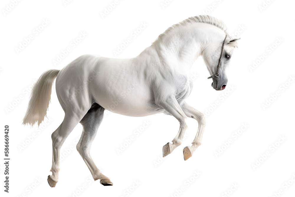 an equestrian-themed photographic illustration of a white stallion horse colt rearing, jumping, and running on a transparent background in PNG. T-shirt design. Generative AI an equestrian-themed photographic illustration of a white stallion horse colt rearing, jumping, and running on a transparent background in PNG. T-shirt design. Generative AI