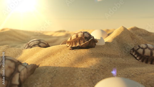 3D model and rendering baby sulcata sunbath on the desert in natural landscape. © FullFrames