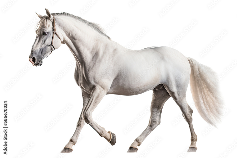 Fototapeta premium an isolated white quarter horse running, side view portrait, equestrian-themed photorealistic illustration on a transparent background cutout in PNG, Generative AI