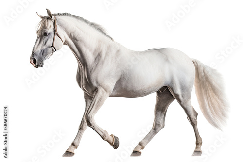 an isolated white quarter horse running  side view portrait  equestrian-themed photorealistic illustration on a transparent background cutout in PNG  Generative AI