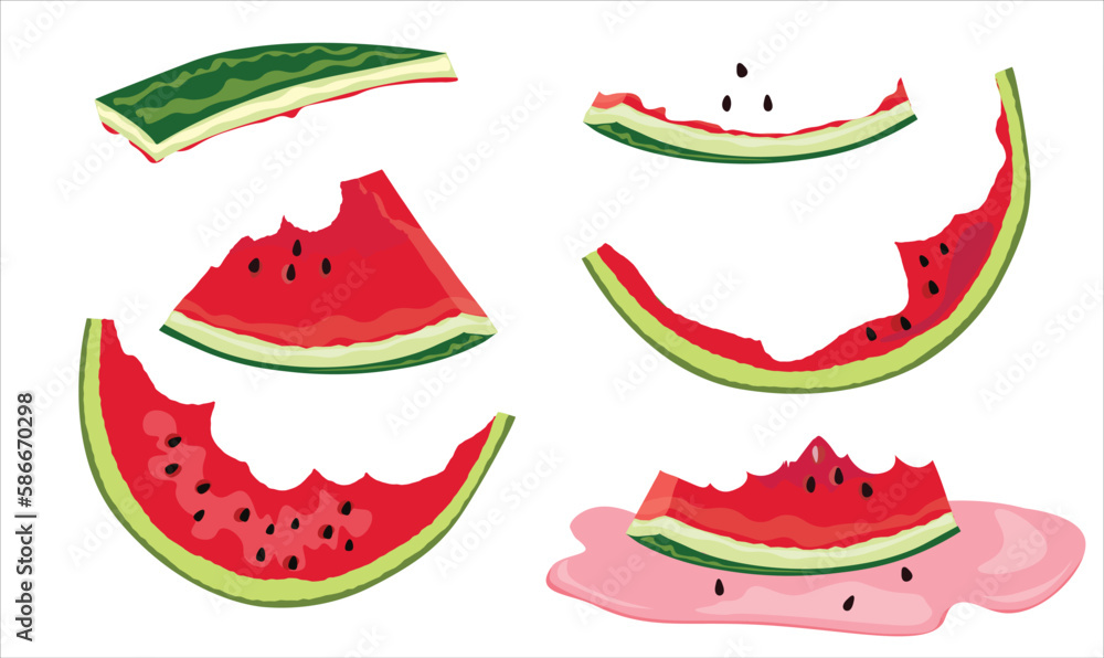 Set of half eaten watermelon slices vector illustration. Watermelon rind. Leftovers of watermelon slices. Organic garbage which is decomposable. Cartoon styled vector isolated on white background. - obrazy, fototapety, plakaty 