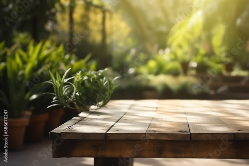 Wooden table for product display with floral background, generative AI