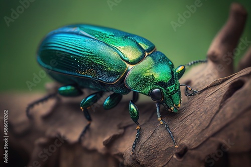 metallic green jewel beetle on a branch top view created with Generative AI technology