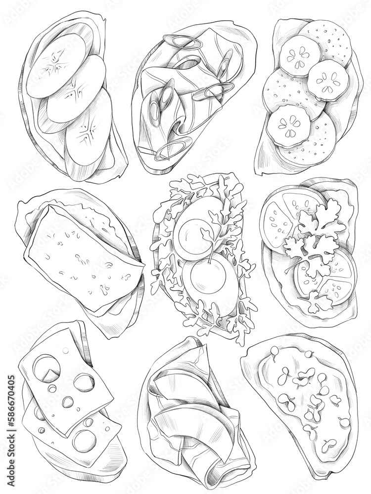 tasty Bruschetta hand drawn set. collection of Sandwich with different toppings. Hand drawn marker illustration 