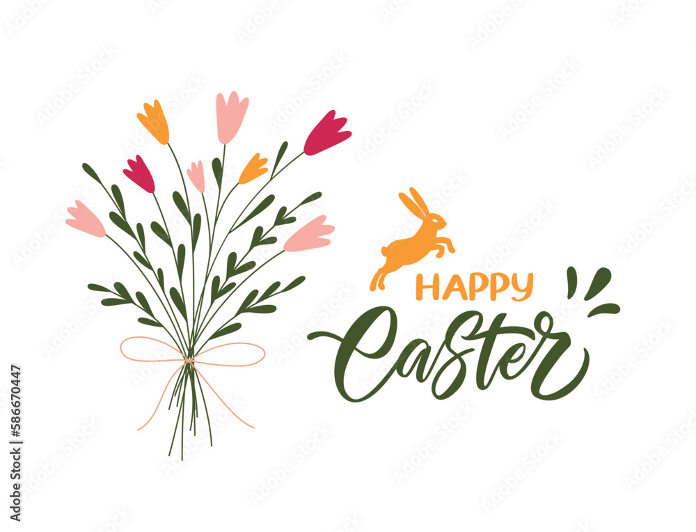 Obraz premium Happy Easter. Modern postcard template with a spring flowers and Easter rabbit in flat style. Illustration holiday Easter in pastel colors. Lettering poster.