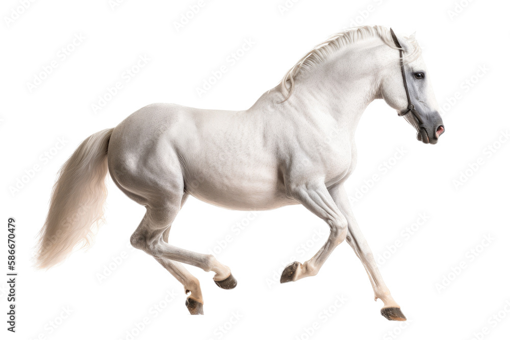an isolated white quarter horse running, side view portrait, equestrian-themed photorealistic illustration on a transparent background cutout in PNG, Generative AI an isolated white quarter horse running, side view portrait, equestrian-themed photorealistic illustration on a transparent background cutout in PNG, Generative AI