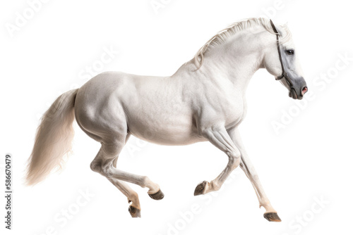 an isolated white quarter horse running, side view portrait, equestrian-themed photorealistic illustration on a transparent background cutout in PNG, Generative AI