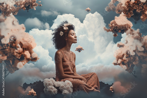 Close up of  a Woman meditating in the clouds with flowers in her hair. Generative AI, photo