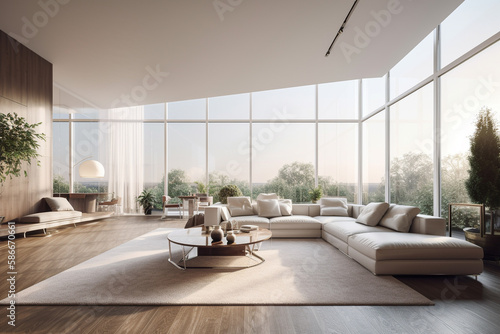 Spacious bright living room with panoramic windows. AI Generated ©  iiulia