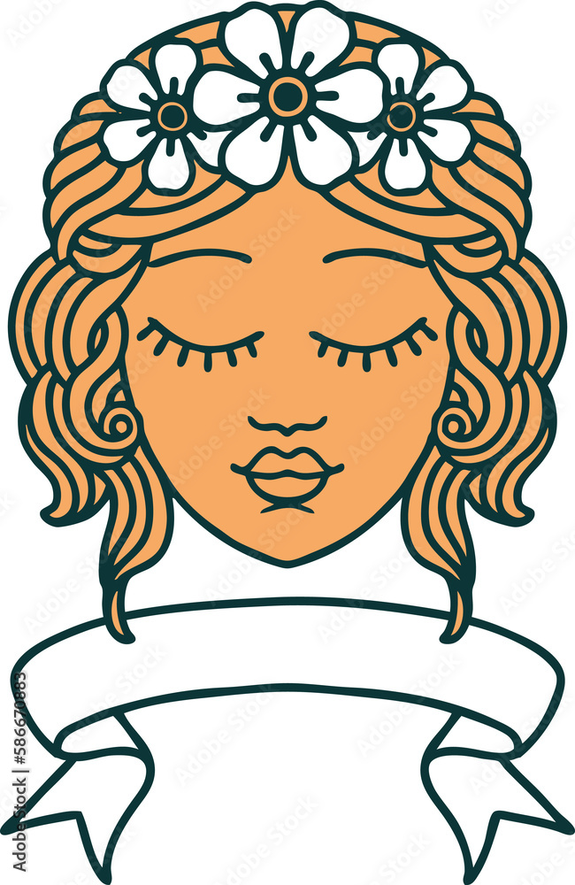 tattoo with banner of female face with eyes closed tattoo with banner of female face with eyes closed