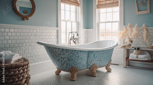 ilustración de un baño contemporáneo con toques clasicos, en tonos blancos y suaves turquesas y maderas claras,bañera con patas de madera y azulejos tipo mosaico. Generado con IA Generativa