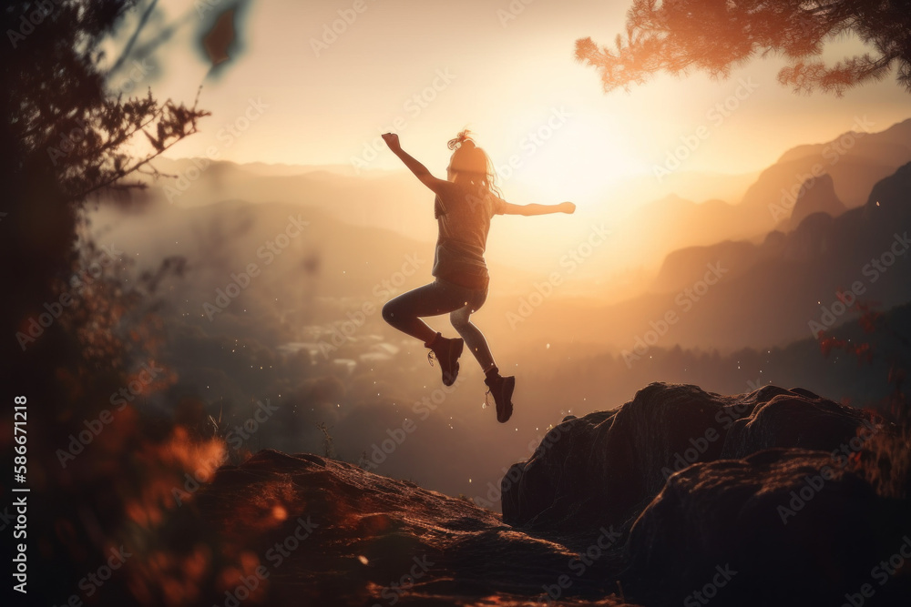 silhouette of a person jumping of a large rock with a sunset. Generative Ai.