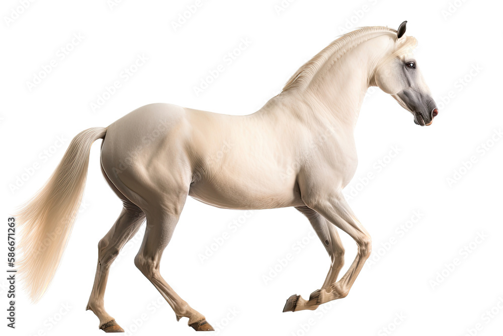 an isolated palomino horse running, jumping, side view portrait, equestrian-themed photorealistic illustration on a transparent background cutout in PNG, Generative AI